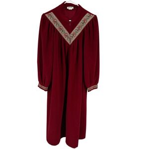 Vintage Vanity Fair Womens M Burgundy Embroidered Floral Long Robe Zip Front